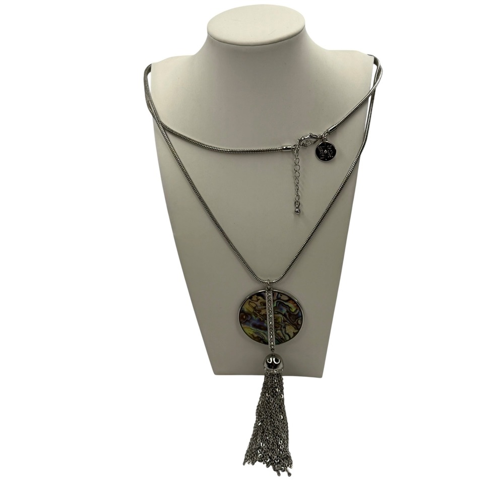 White House Black Market WHBM Silver Tassel Abalone Shell Pave Crystal Necklace